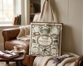 Pride and Prejudice Tote Bag, Jane Austen Gift for Book Lovers, Regency Era Aesthetic Bookish Tote, Literary Art Bag, Pemberley Scene Tote
