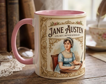 May include: A white ceramic mug with a pink handle and interior. The mug features a portrait of Jane Austen, with the text "Jane Austen 1775-1817 Author & Novelist" in an ornate frame. Steam rises from the mug.