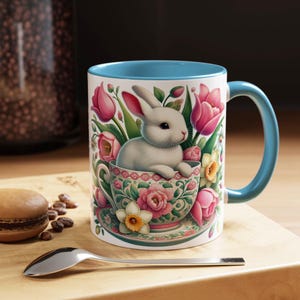 Enchanting Easter Bunny in Teacup Ceramic Mug | Spring Floral Illustration Coffee Cup