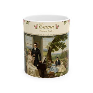 May include: White ceramic mug featuring a detailed illustration of a historical scene with people in period clothing. The mug has the name "Emma" and "Highbury, England" printed on it, with floral accents.
