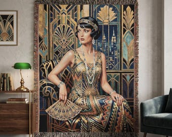Art Deco Flapper Woven Throw Blanket, Roaring 20s Great Gatsby Wall Hanging, Elegant Jazz Age Home Decor, Vintage Glamour New York City Gift