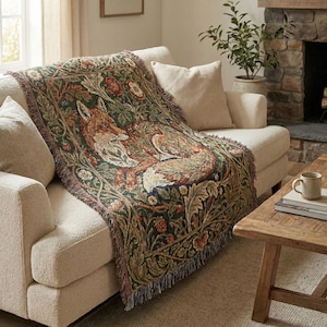 William Morris Style Fox Woven Blanket, Vintage Tapestry Throw, Woodland Decor, Botanical Forest Bedspread, Arts and Crafts Fringe Blanket