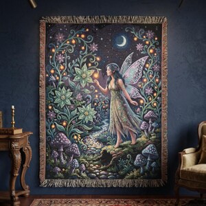 May include: A woven tapestry depicting a fairy in a magical forest. The image shows a fairy with large wings, surrounded by glowing flowers, mushrooms, and a crescent moon. The colour palette includes shades of purple, green, and gold.