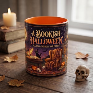 Bookish Halloween Mug, Spooky Reading Scene with Pumpkins, Black Cat and Ghost | Fall Decor and Cozy Reader Gift for Library Book Lovers