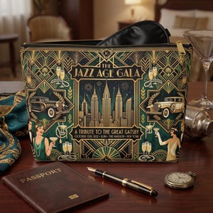 May include: A rectangular zippered pouch featuring a dark green and gold Art Deco design with the text THE JAZZ AGE GALA, A TRIBUTE TO THE GREAT GATSBY, OCTOBER 12TH, 1922, 8 PM, THE MANSION, NEW YORK, depicting skyscrapers, vintage cars, and people.