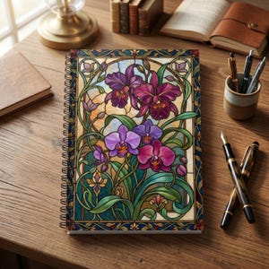 Stained Glass Inspired Orchid Spiral Notebook, Floral Art Deco Journal, Botanical Stationery Gift, Wire-Bound Diary, Colorful Flower Art