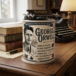 Puede incluir: Taza de cerámica con un retrato de George Orwell y el texto "The Prophetic Voice of the 20th Century". La taza muestra títulos de sus obras. Se encuentra sobre un escritorio de madera con libros y una máquina de escribir Remington vintage.