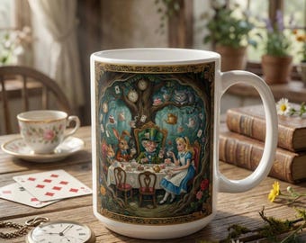不思議の国のアリスマグカップ、マッドハッターティーパーティーカップ、文学ギフト、気まぐれな本好きコーヒーマグ、図書館員への読書ギフト、ファンタジーティーカップ