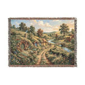 The Shire Woven Throw Blanket, Hobbit Hole Landscape Tapestry, Middle Earth Inspired Home Decor, Fantasy Forest Wall Hanging, Fantasy Lovers image 6