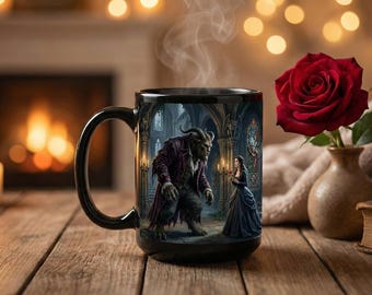 Zwarte mok met illustratie van Belle en het Beest | Gotische sprookjesscène, 11oz of 15oz