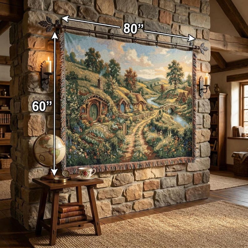 The Shire Woven Throw Blanket, Hobbit Hole Landscape Tapestry, Middle Earth Inspired Home Decor, Fantasy Forest Wall Hanging, Fantasy Lovers image 11