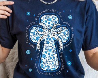 He Is Risen Shirt: Christian Easter Top, Matthew 28 6 Bible Verse, Blue Floral Chinoiserie Religious Gift, Women Church Outfit