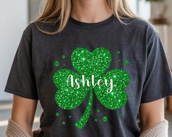 Custom Name St Patricks Day Shirt: Personalized Glitter Shamrock Tee, Lucky Green Clover Top, Personalized St Paddys