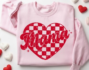 Retro Mama Mini Heart Valentine Sweatshirt: Checkered Heart Mommy and Me Set, Groovy Mother Daughter Gift