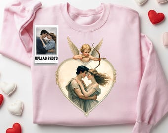 Custom Photo Cupid Sweatshirt: Personalized Couple Picture Hoodie, Coquette Angel Valentine Gift, Renaissance Heart Tee, Cherub Love Top