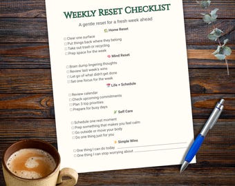 Weekly Reset Checklist Printable | Simple Routine Planner | Stress Free Reset