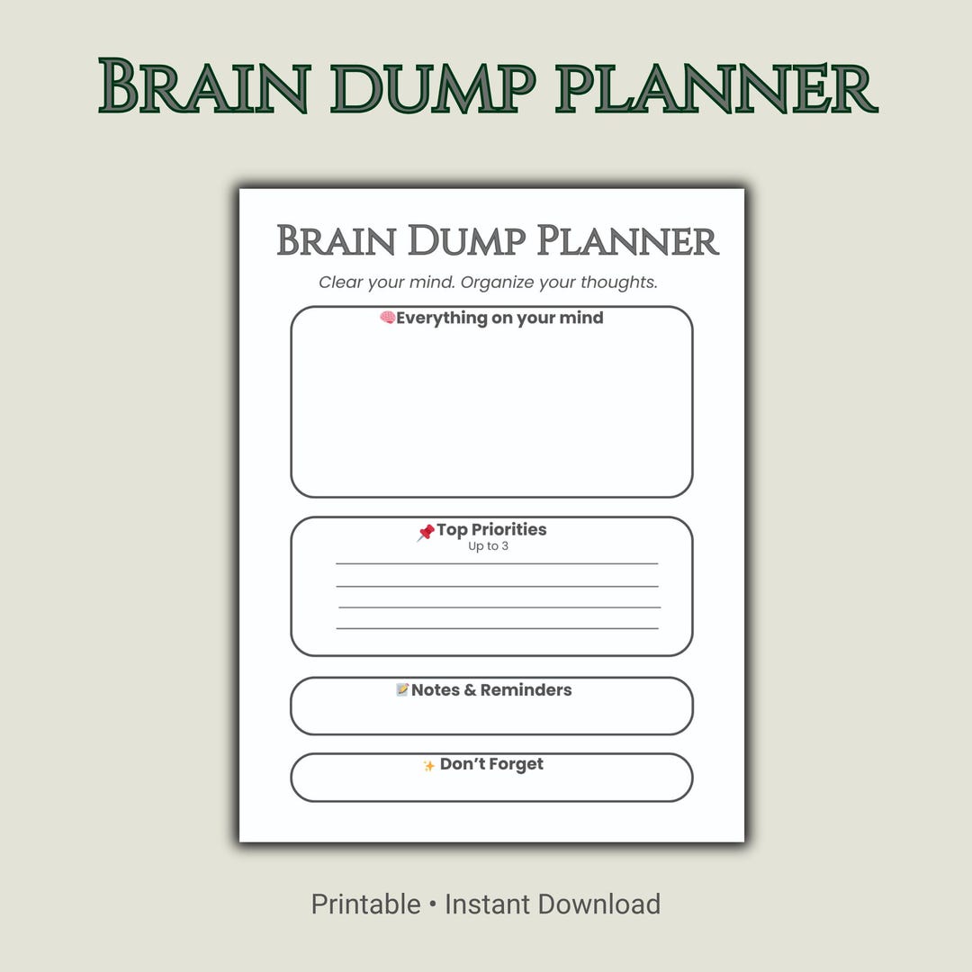 Brain Dump Planner Printable | Clear Your Mind Worksheet | One Page ...