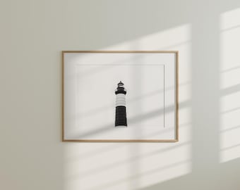 Big Sable Photography Digital Print: Black and White Lighthouse Printable Art, Digital Download