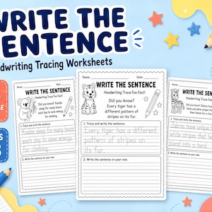 Pode incluir: Um conjunto de 24 folhas de exercícios de caligrafia imprimíveis para os anos 1-3 intitulado WRITE THE SENTENCE. As páginas apresentam ilustrações de animais, incluindo um coala, um tigre e uma zebra, com linhas para traçar frases e escrever.