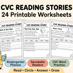 May include: A set of 24 printable CVC reading story worksheets featuring black and white text and illustrations. Each page includes a short story, word circling exercises, comprehension questions, and a drawing prompt for kindergarten phonics practice.