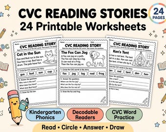 CVC Reading Stories, 24 Decodable Kindergarten Phonics Worksheets