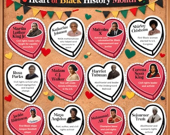 Biografieposters Black History Month-leiders | Hart Valentijnsdagthema | Prikborddecoratie in de klas
