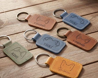 Engraved Pet Portrait Leather Keychain, Custom Dog Keepsake