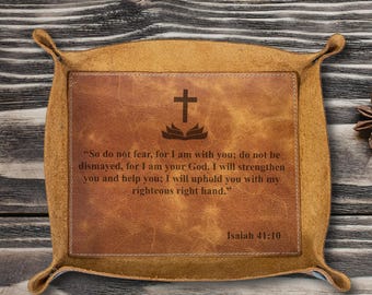 Religious Leather Catchall Tray: Christian Design, Bible Verse (Desk Organizer)
