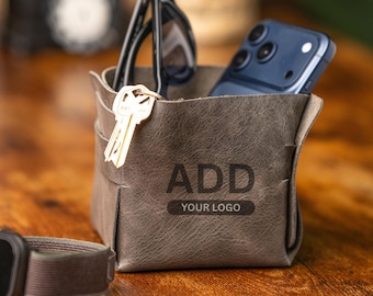 Leather Storage Basket, Personalized Mini Organizer (Handmade, Compact)