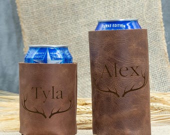 Engraved Leather Can Cooler, Customizable Beer Holder, Genuine Leather Can Cozies, Custom Beer Holsters, Laser Engraved Beer Holder
