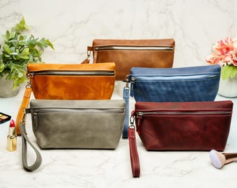 Leather Makeup Pouch. Custom Cosmetic Bag, Toiletry Organizer, Gift for Mom