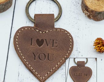 Custom Couple Leather Keychain, Heart Leather Keyring, Engraved Initials Keychain Gifts, Valentines Day Gift, Anniversary Gift for Him