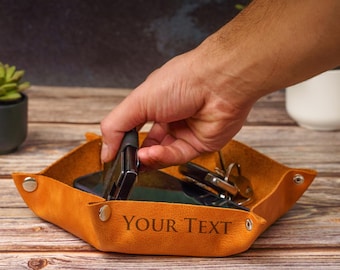 Custom Leather Valet Tray: Hexagonal Dice Organizer (Personalized)