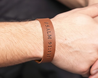 Inspirational Leather Bracelet, Personalized Engraved Cuff, Bible Scripture Gift, Christian Leather Snap Accessory