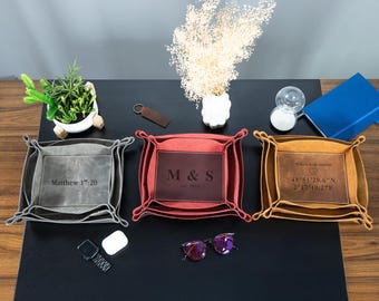Personalized Leather Valet Tray, Custom Engraved Desk Organizer, Catch All