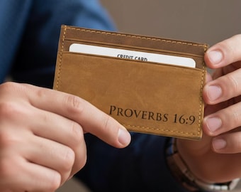 Gepersonaliseerde leren kaarthouder portemonnee, gegraveerd bijbelvers, christelijk cadeau