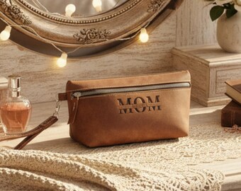 Personalized Leather Makeup Bag, Monogram Travel Pouch