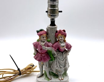 Vintage Made in Japan Porcelain Colonial Couple Lamp Pink Gold Gilt 8.25in