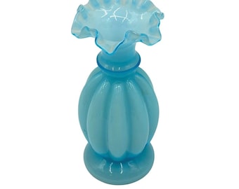 Vintage Blue Opalescent Milk Glass Ribbed Melon Vase Ruffled Rim 8.5 Inch MCM
