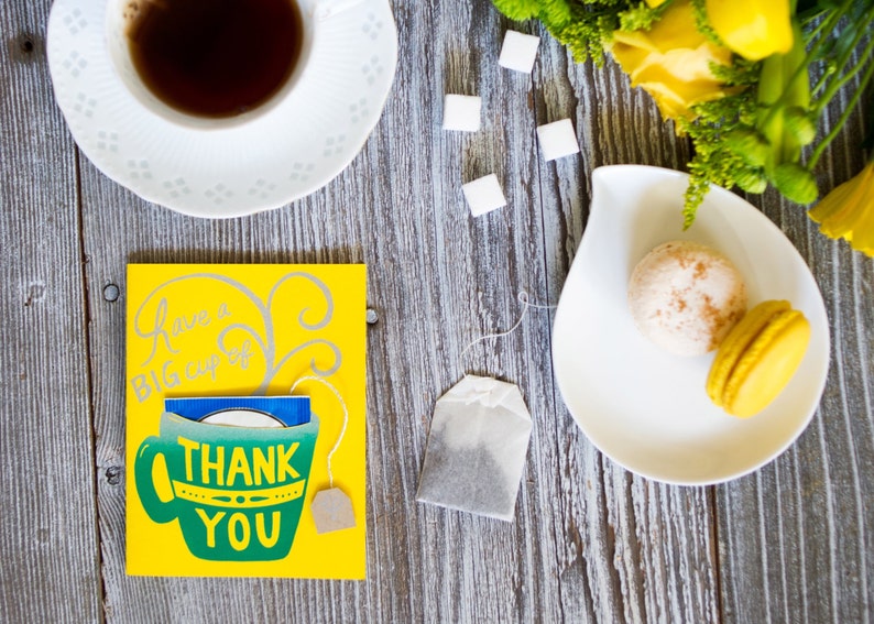 Cup of THANK YOU With Tea Bag Screen Print teal on Yellow Etsy