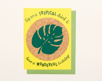 Palm Leaf Tropical Bday - coaster card