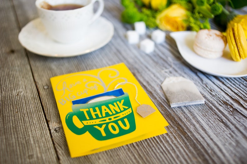 Cup of THANK YOU With Tea Bag Screen Print teal on Yellow Etsy