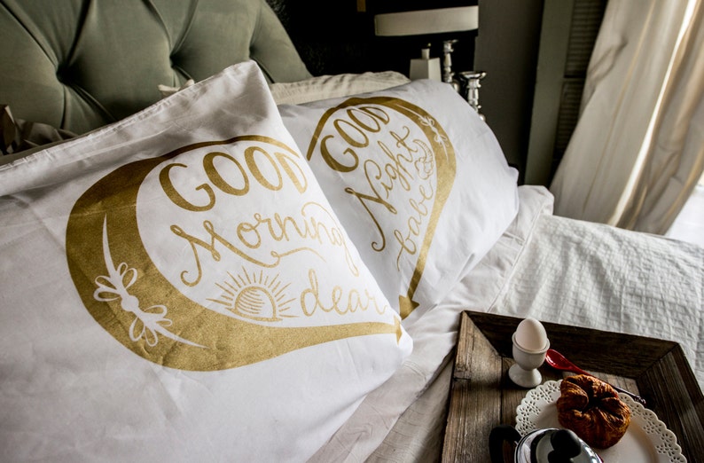 Good Morning / Good Night Gold Screen Print Pillowcase Set Etsy