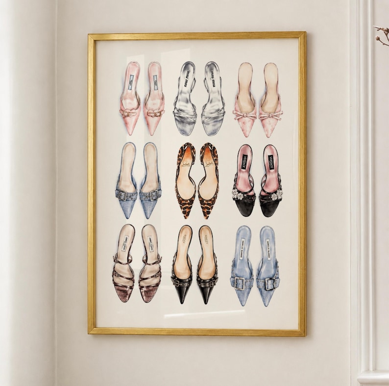 May include: A framed wall art print featuring a grid of nine pairs of illustrated high-heeled shoes in various colors, textures, and styles, including pink, silver, leopard print, black, and blue designs, all displayed within a gold-toned frame.