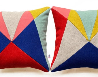 Geometric 'Circus' multi coloured patchwork cushions