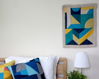 Geometric patchwork 'Shape Study' wallhanging - greens & yellow