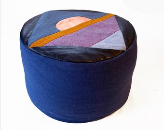 Patchwork 'Sunset' pouffe, coral, ochre & periwinkle