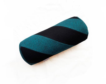 Black and teal wool, spiral patchwork bolster cushion