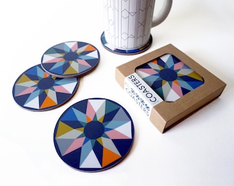 Round geometric patterned  'Harlequin' coasters