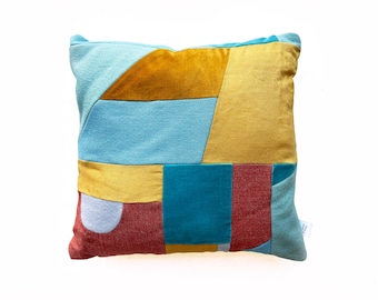 Patchwork 'Collage' cushion turquoise, gold, velvet and wool